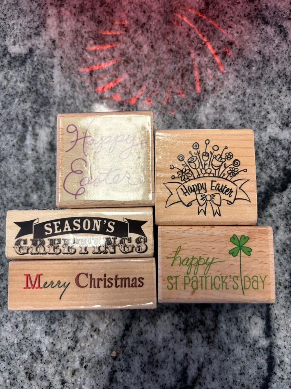 Seasonal Holiday Wood Stamp Set - Natural Wood with Green & Red Accents - Picture 1 of 8